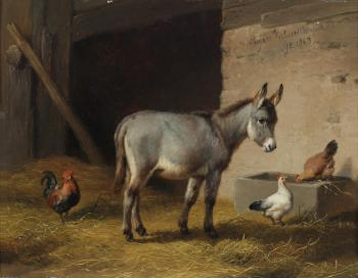 Donkey and chicken in a stable by Eugène Joseph Verboeckhoven