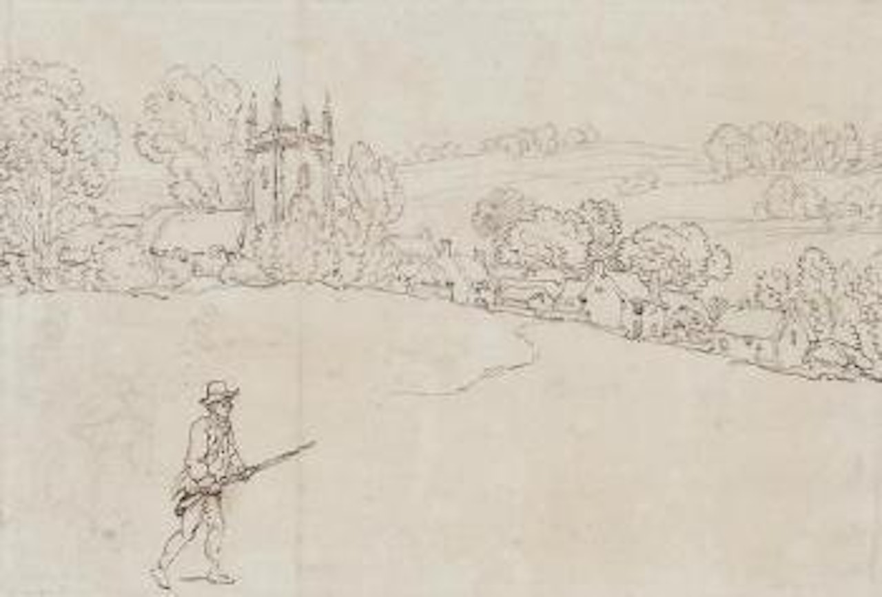 Landscape with village and sportsman by Thomas Rowlandson