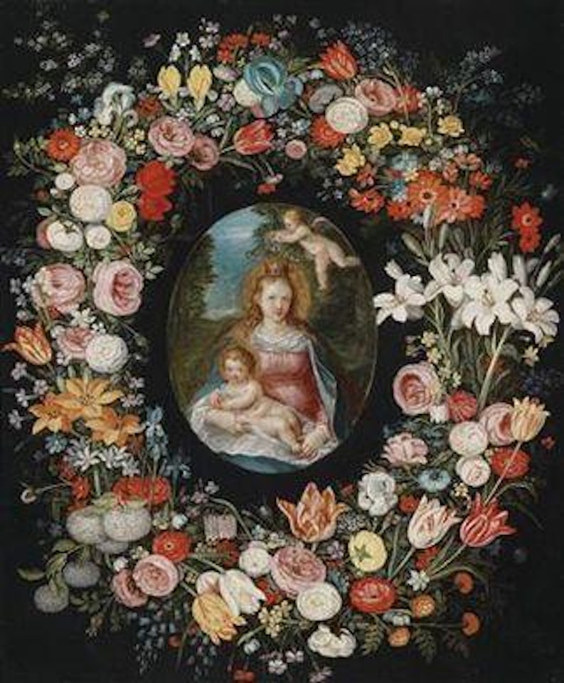 The Virgin and Child surrounded by a floral garland by Jan Brueghel by Jan Brueghel the Younger