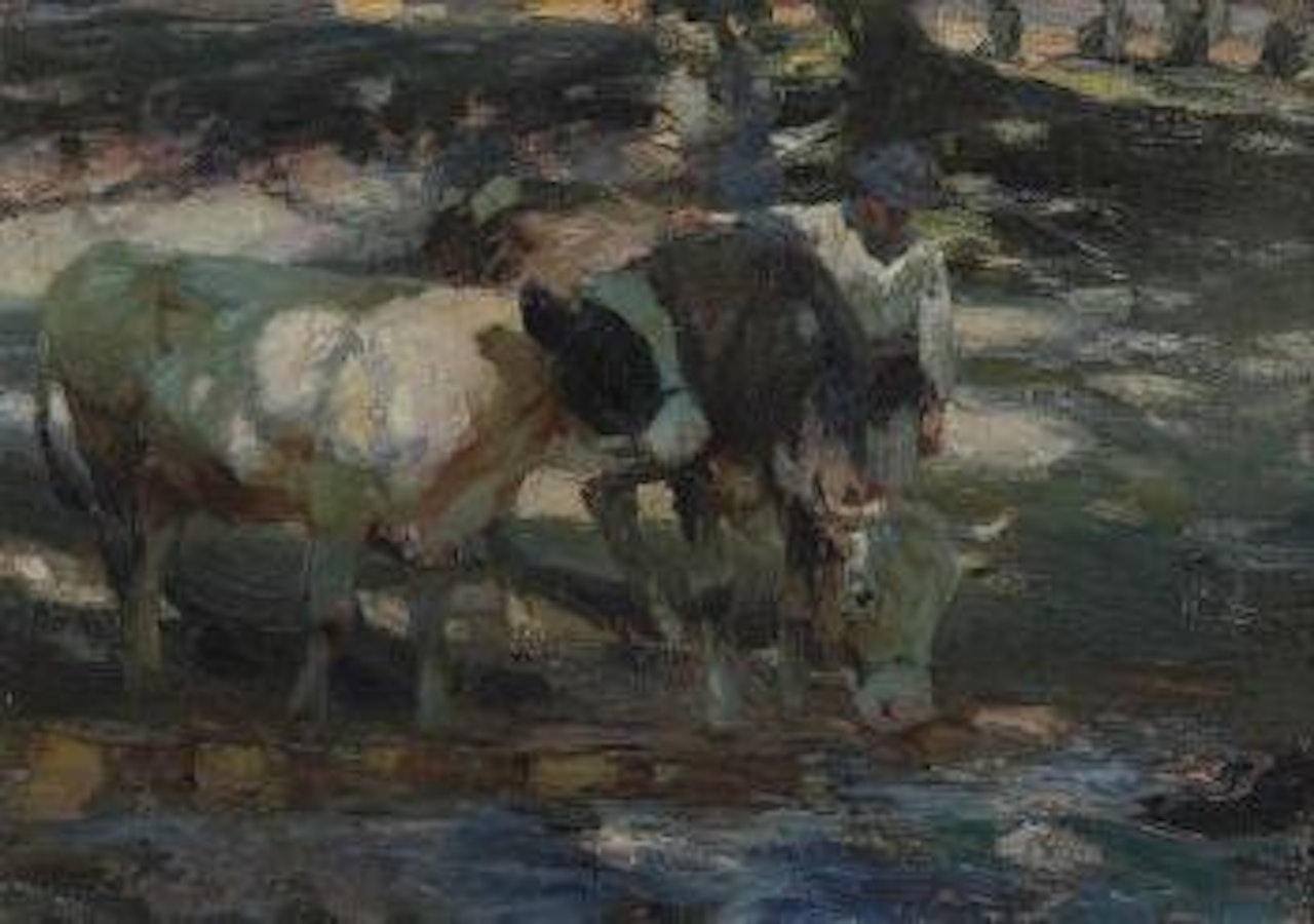 Hüter mit zwei Rindern am Wasser by Heinrich von Zugel