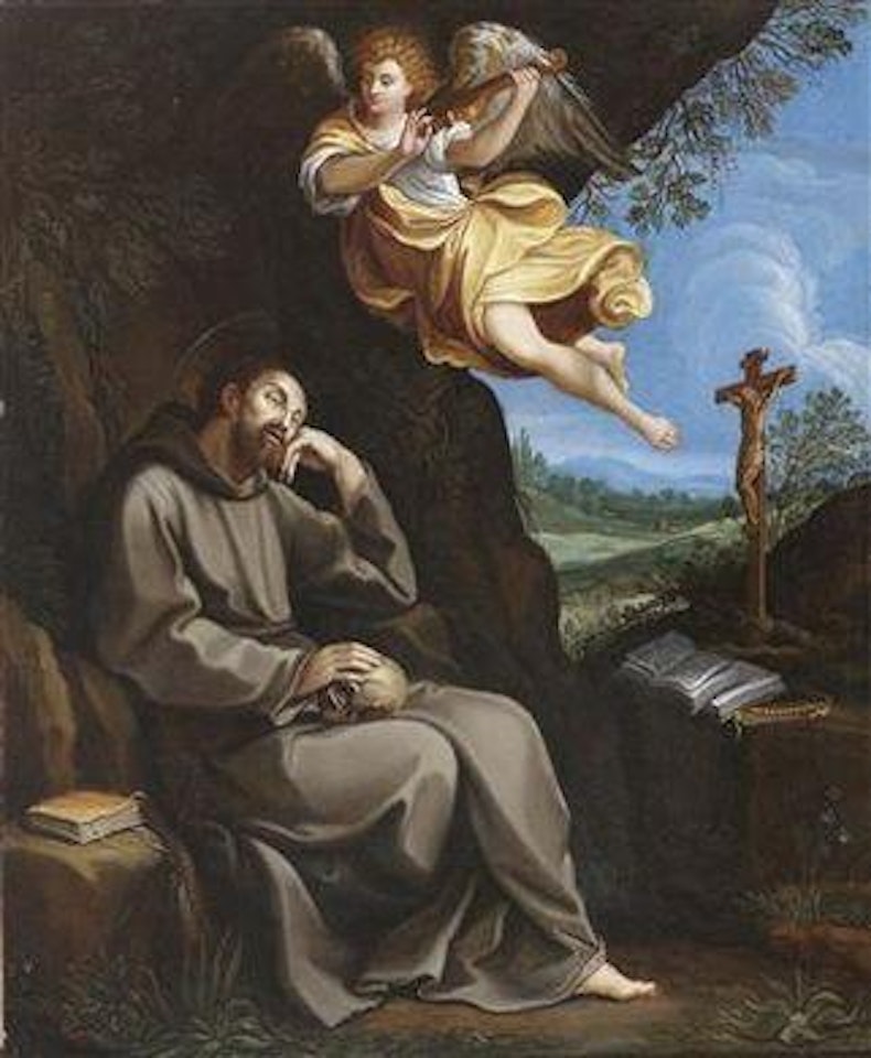 Saint Francis in Contemplation, with a music-making angel by Guido Reni