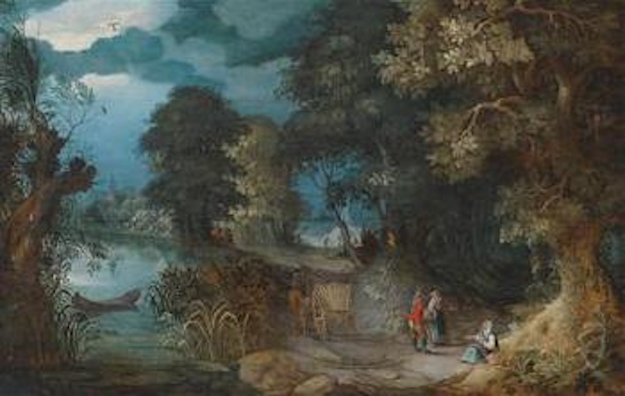 Wooded landscape with a barge on a river, a horse carriage, and travellers on a field path by Abraham Govaerts