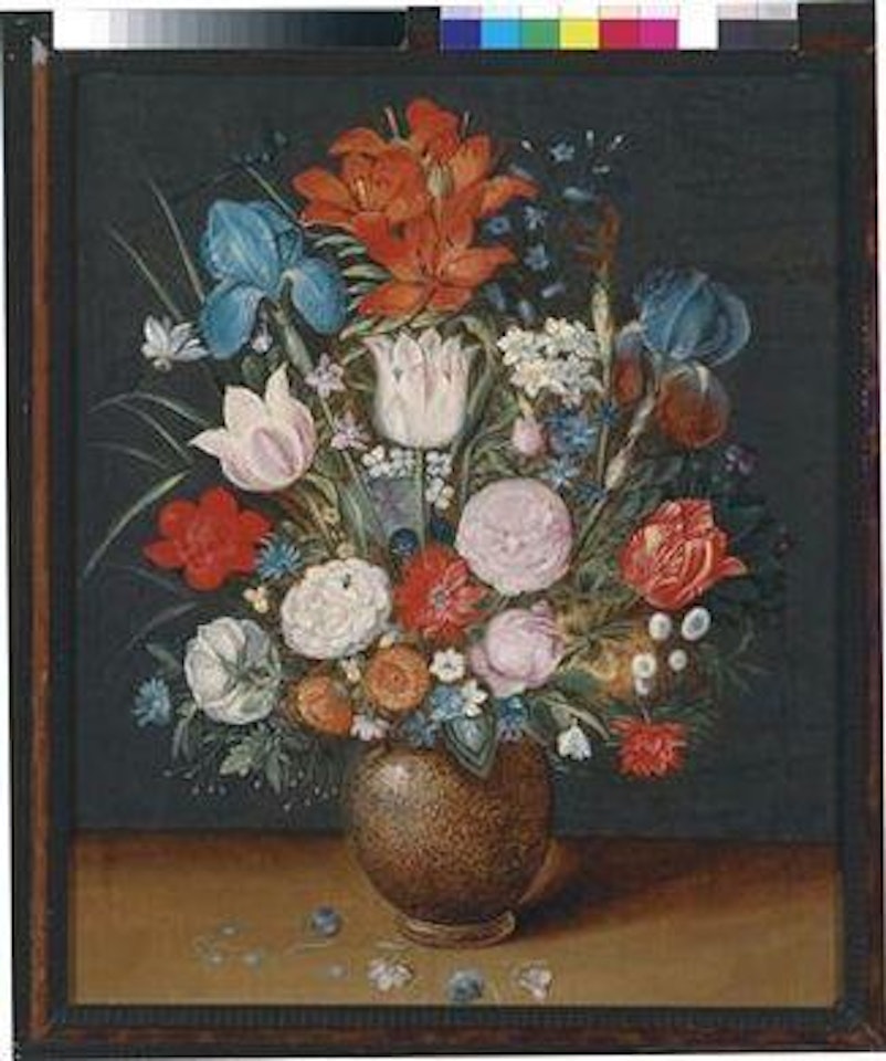 A bouquet of flowers consisting of tulips, irises, lilies, roses, tiger lilies, snowbells, pansies, daisies, narcissuses and bellflowers, with a dragonfly, in an earthenware vase on a tabletop, with several blossoms having dropped off by Jan Brueghel the Younger