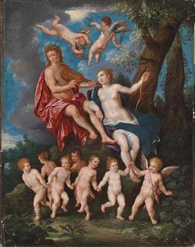Apollo and Diana with putti dancing in a wooded landscape by Hendrick de Clerck