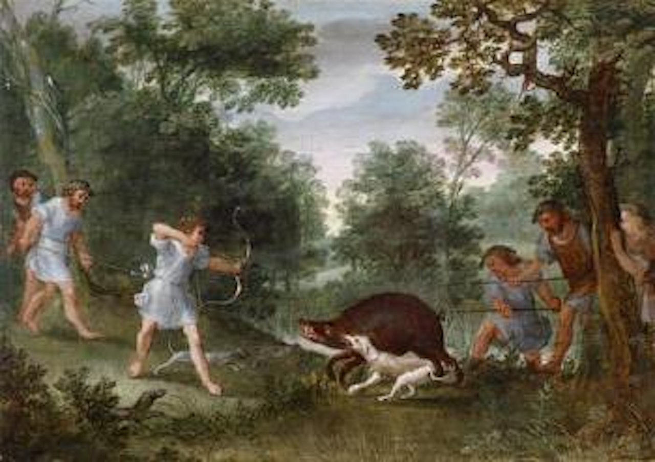 Wooded landscape with a wild boar hunt by Adriaen van Stalbemt