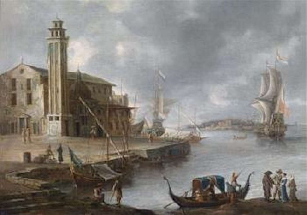 An imaginary view of Venice with elegant figures boarding a gondola near the Church of San Lorenzo by Jan Abrahamsz. Beerstraten