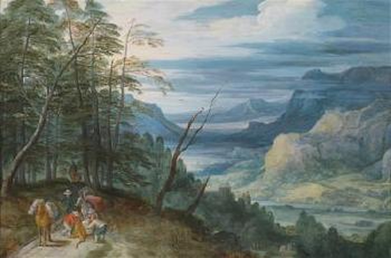 A wide river valley with travellers by Jan Brueghel by Joos de Momper the Younger