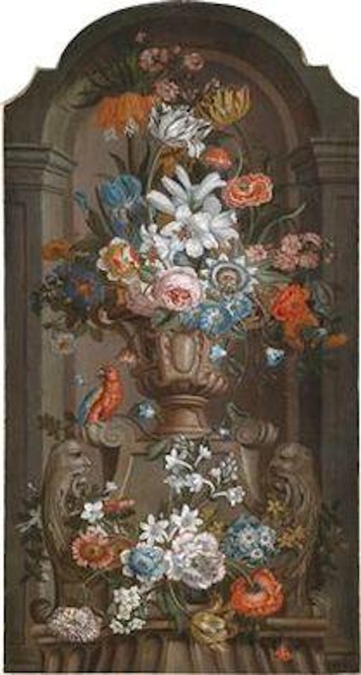 A magnificent still life and a vase of flowers and a parrot in a niche by Pieter Hardime