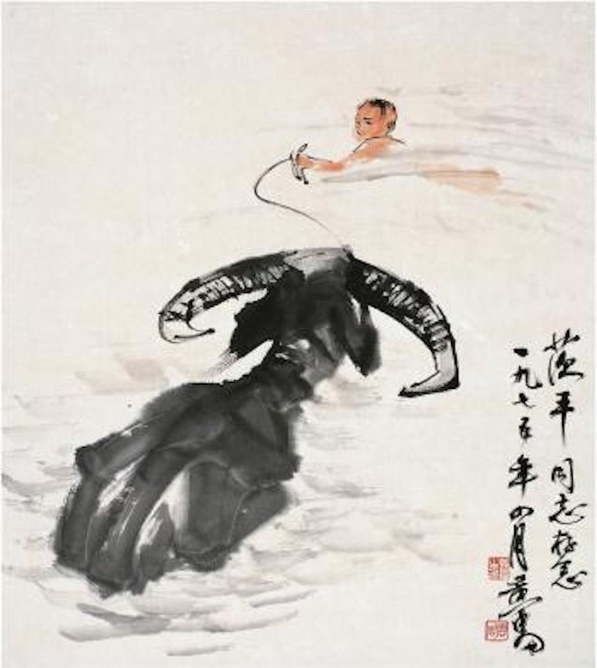 Cowboy and cattle in pond by Huang Zhou