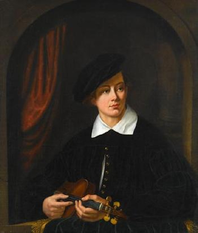 Young man with violin before a casement by Continental School
