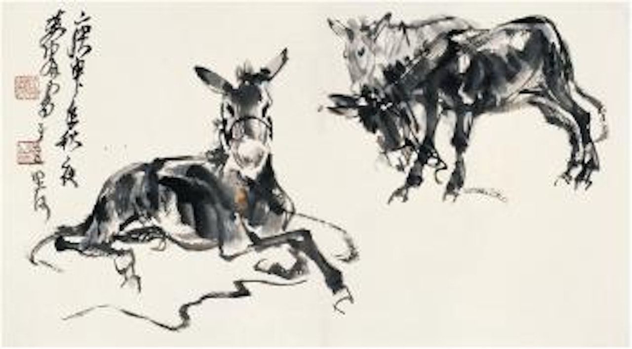 Two donkeys at rest by Huang Zhou
