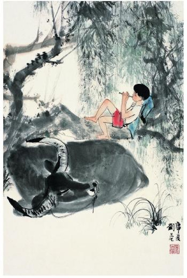 Little boy herding the cattle by Liu Danzhai