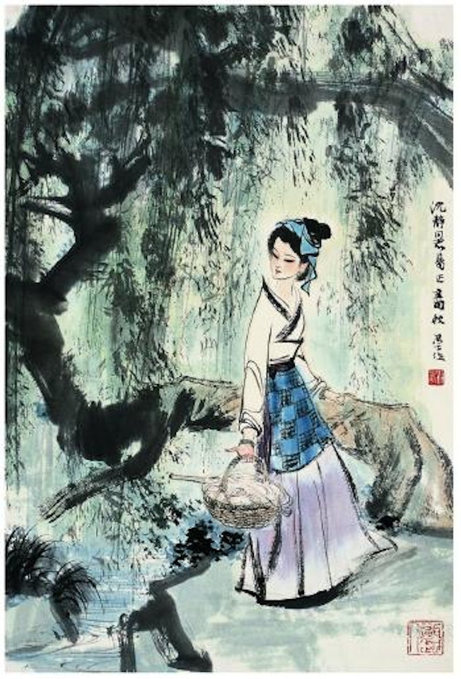 Washing clothes under the willow by Liu Danzhai
