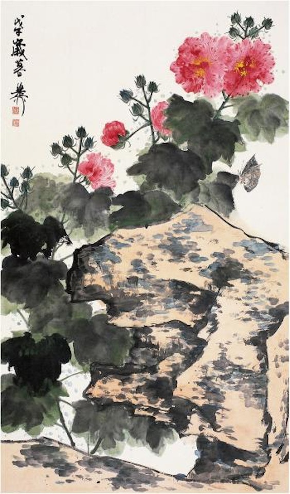 Butterfly under the cotton roses by Xie Zhiliu