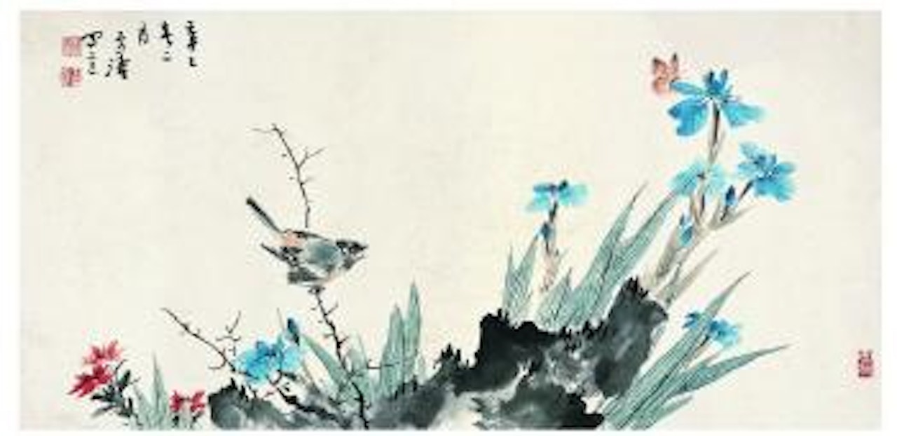 Bird tweeting and butterfly flying over the flower by Wang Xuetao