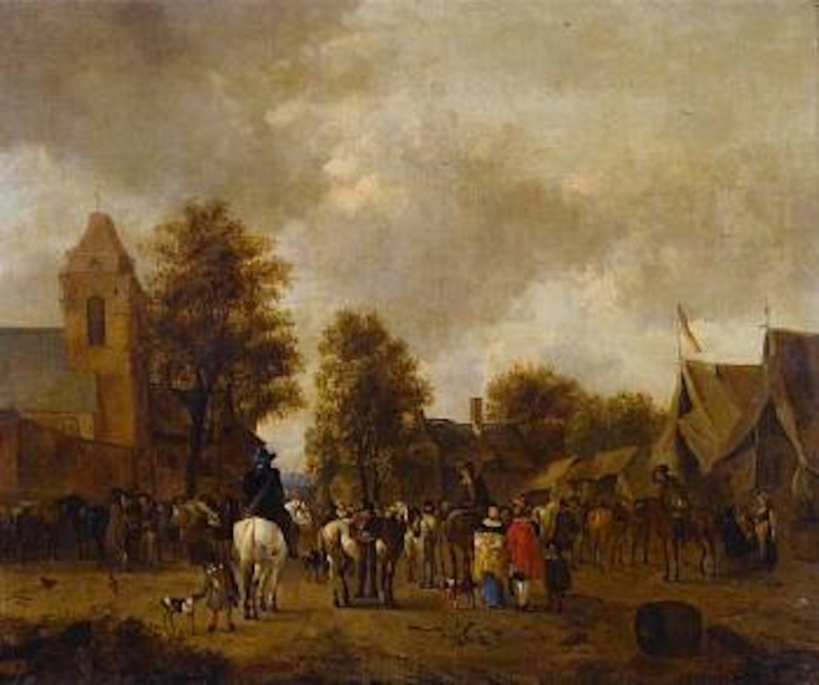 A horse fair in a village square by Jacobus Koolen