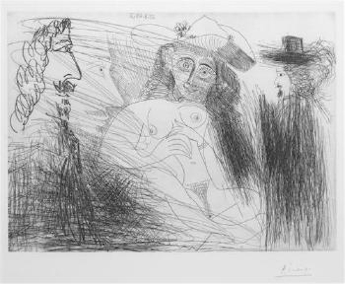 Peintre, modele au chapeau de paille et gentilhomme by Pablo Picasso