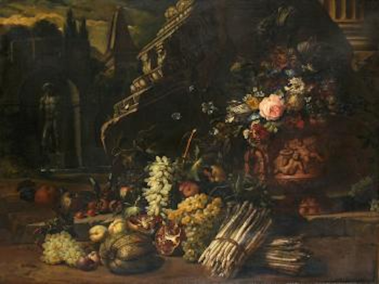 Still life of flowers in an urn, vegetables, fruit and a butterfly, classical ruins beyond by Abraham Brueghel