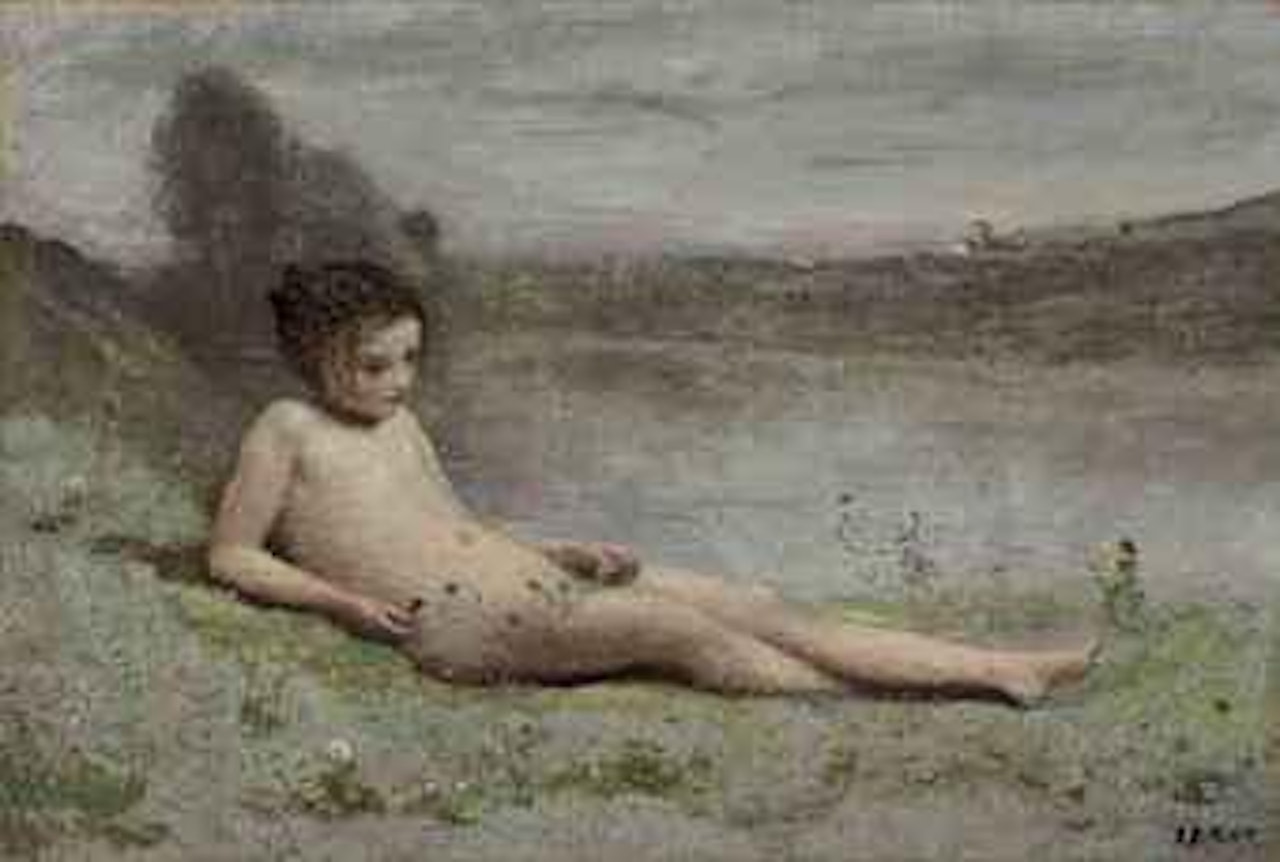 Jeune baigneuse couchée sur l'herbe au bord d'un étang by Jean Baptiste Camille Corot