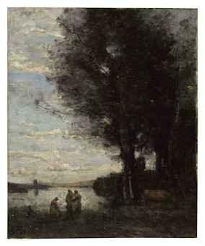 Trois paysannes avec une vache au bord de l'eau by Jean Baptiste Camille Corot