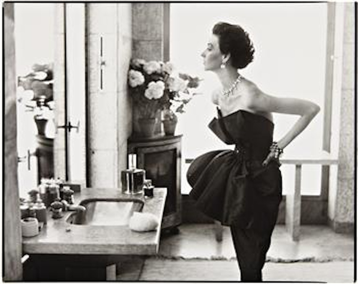 Dorian Leigh, Evening Dress by Piguet, Helena Rubinstein apartment, Île St. Louis, Paris, August, 1949 by Richard Avedon
