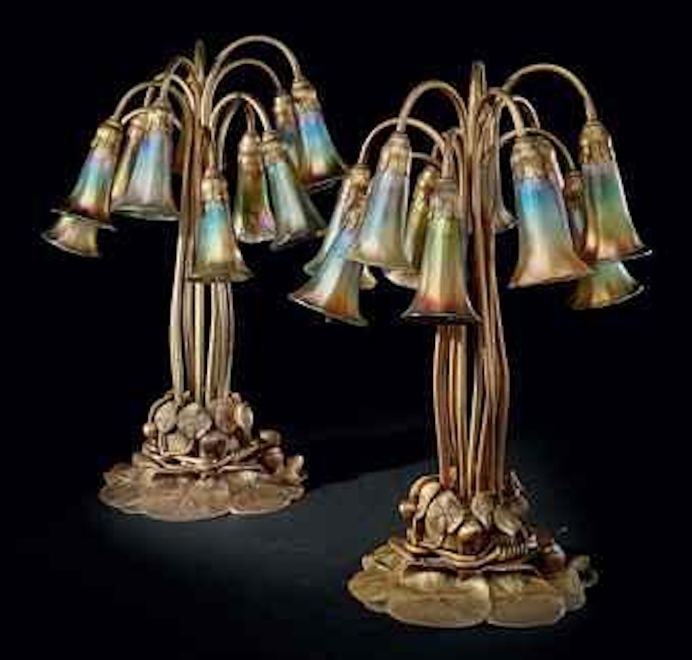 A Favrile Glass and Gilt-Bronze Ten-Light Lily Lamp by Tiffany Studios