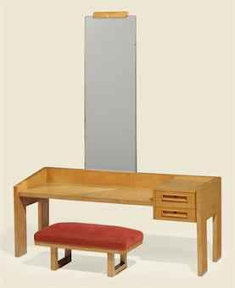 A Blondewood and Mirrored Glass Vanity and Stool by Jean Royere