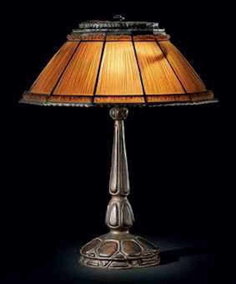 A Linenfold Leaded Glass and Gilt-Bronze Table Lamp by Tiffany Studios
