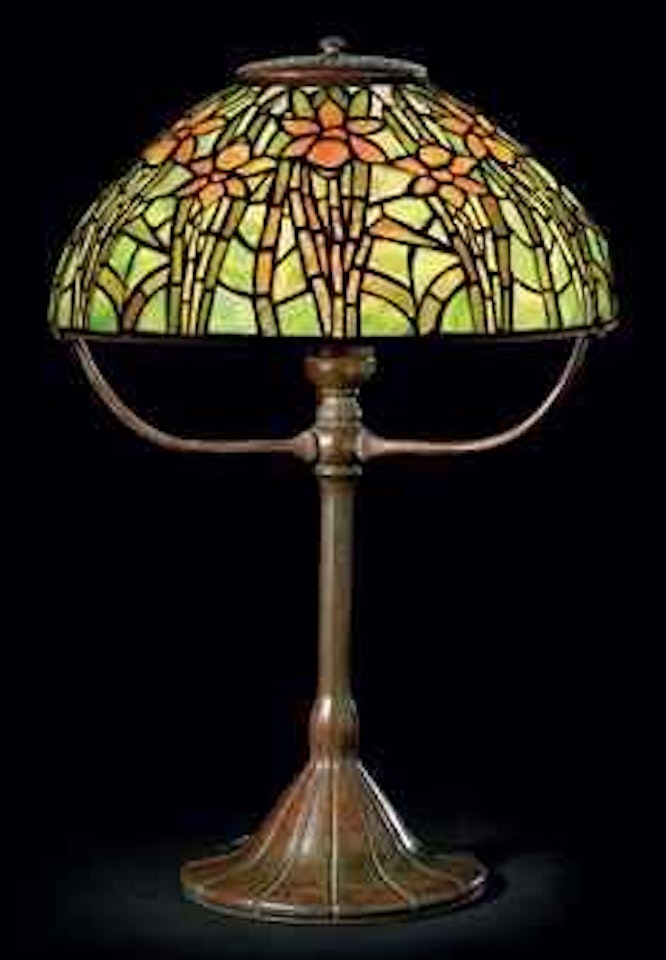 A Daffodil Leaded Glass and Bronze Table Lamp by Tiffany Studios