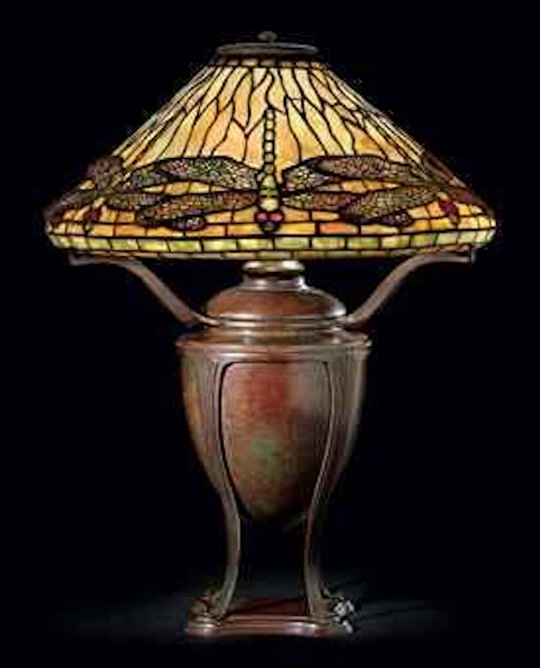 A Dragonfly Leaded Glass and Bronze Table Lamp by Tiffany Studios