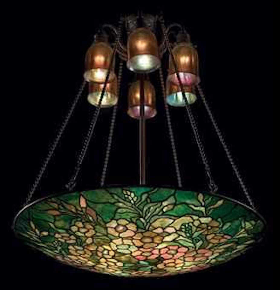 An Alamander Leaded Glass and Bronze Chandelier by Tiffany Studios