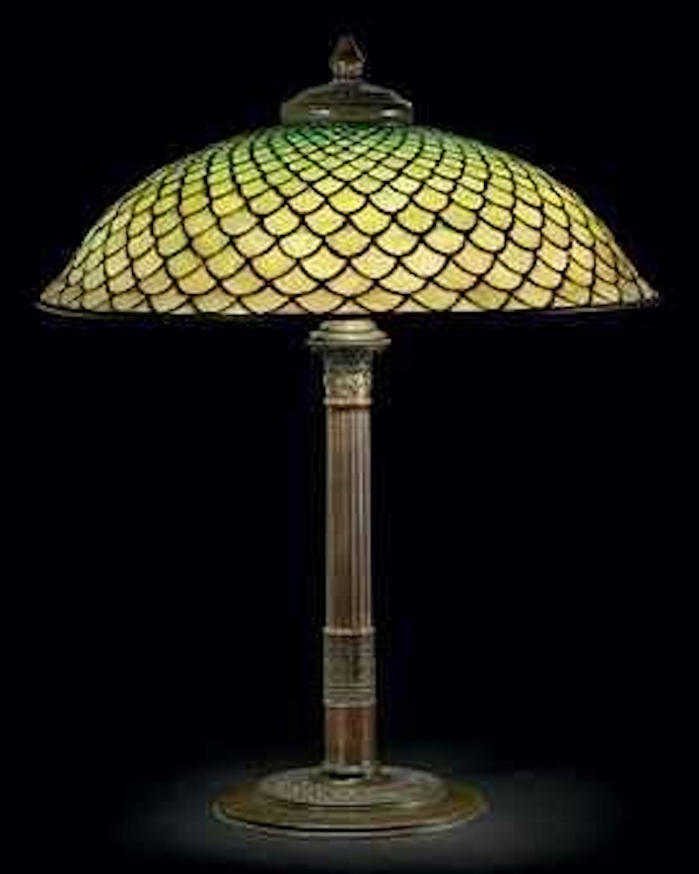 A Fishscale Leaded Glass and Bronze Table Lamp by Tiffany Studios