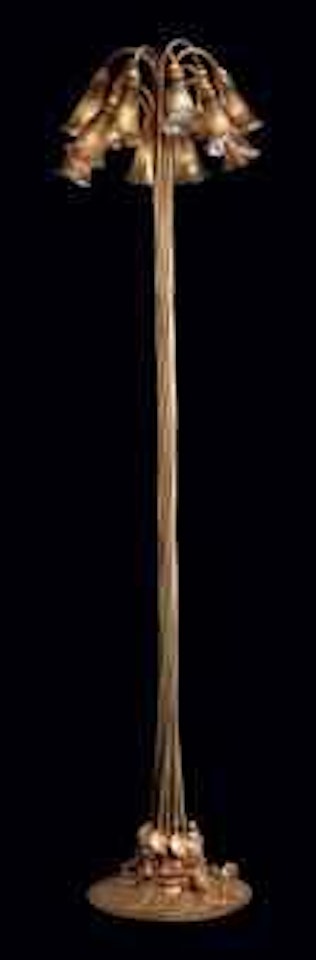 A Favrile Glass and Gilt-Bronze Twelve-Light Lily Floor Lamp by Tiffany Studios