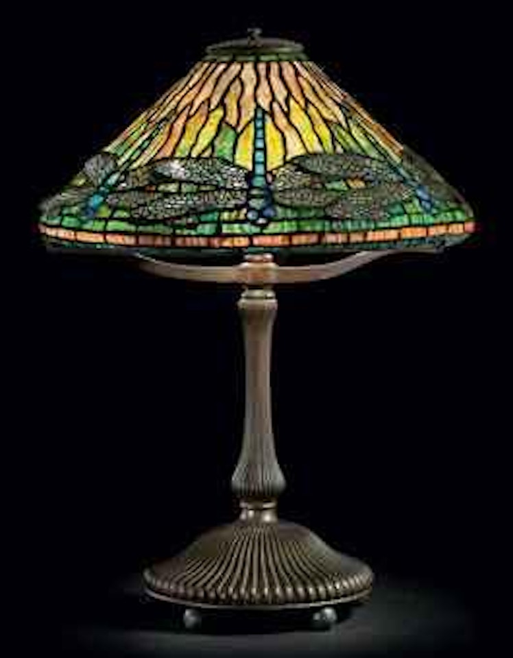 A Dragonfly Leaded Glass and Bronze Table Lamp by Tiffany Studios