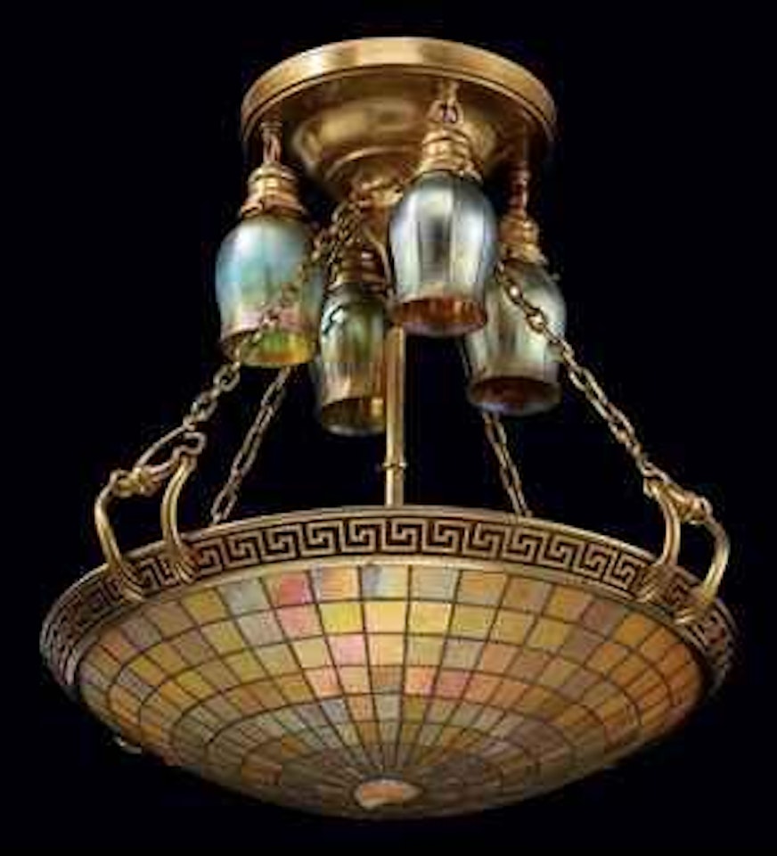 A Leaded Glass and Gilt-Bronze Chandelier by Tiffany Studios