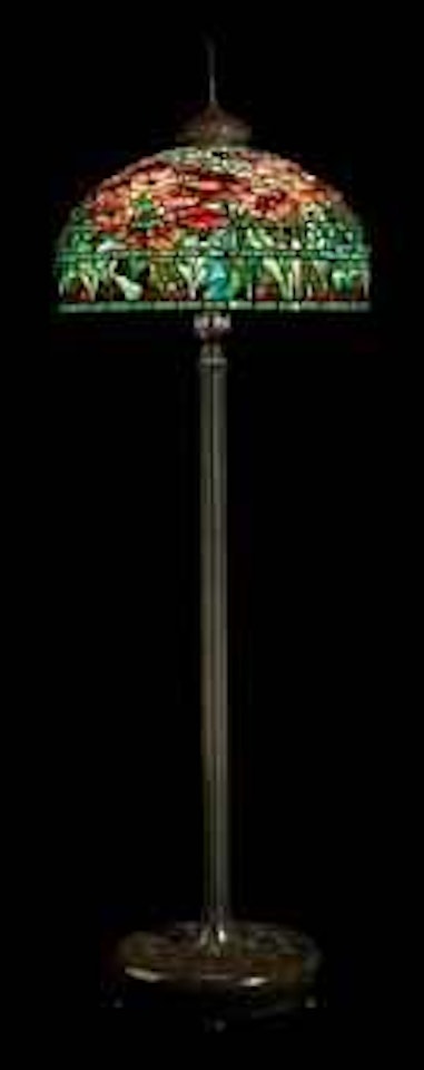 An Oriental Poppy Leaded Glass and Bronze Floor Lamp by Tiffany Studios