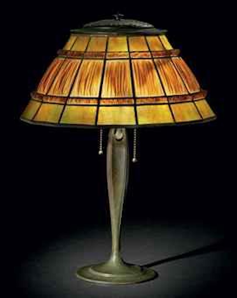 A Linenfold Leaded Glass and Bronze Table Lamp by Tiffany Studios