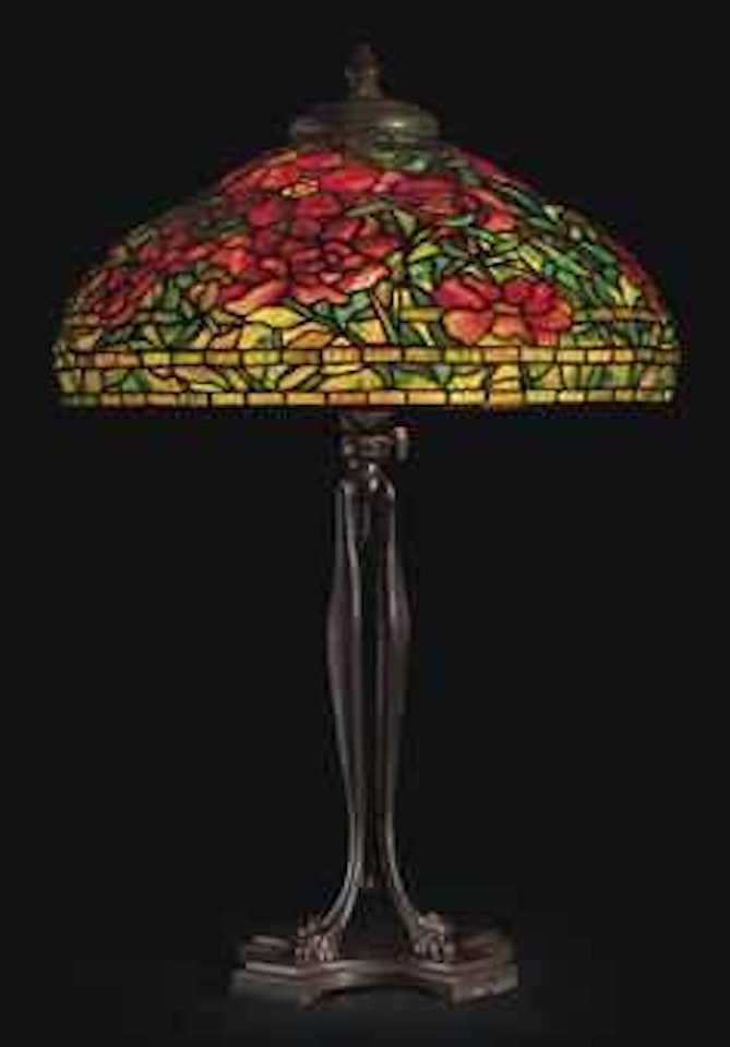 A Peony Leaded Glass and Bronze Table Lamp by Tiffany Studios
