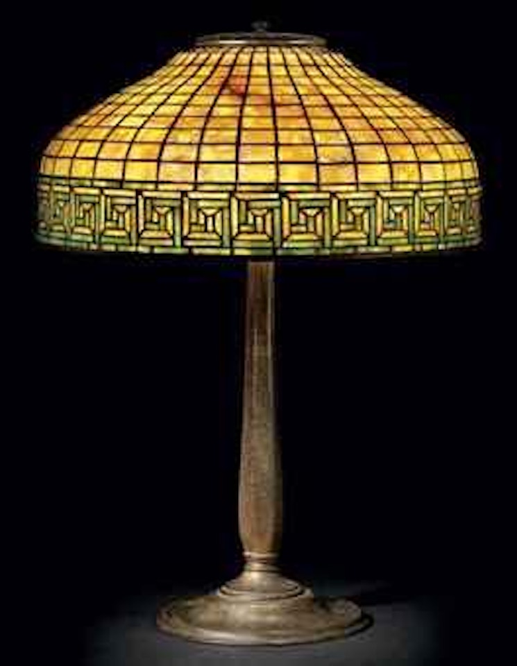 A Greek Key Leaded Glass and Bronze Table Lamp by Tiffany Studios