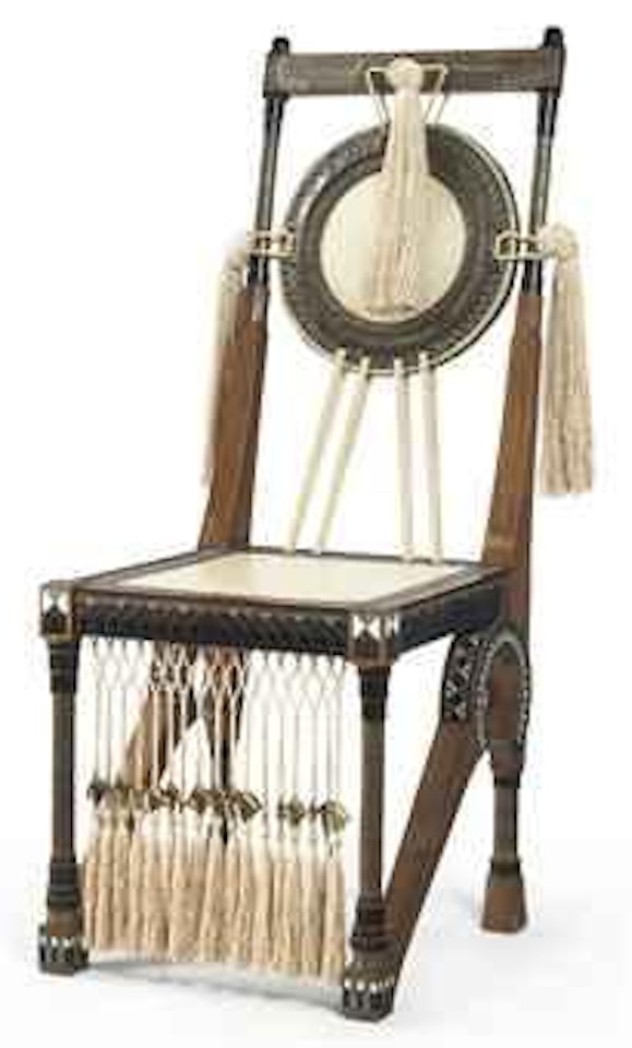 A Bone and Ebonized Wood Inlaid Parchment, Hammered-Metal and Wood Side Chair by Carlo Bugatti