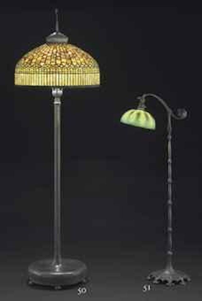 A Curtain Border Leaded Glass and Bronze Floor Lamp by Tiffany Studios