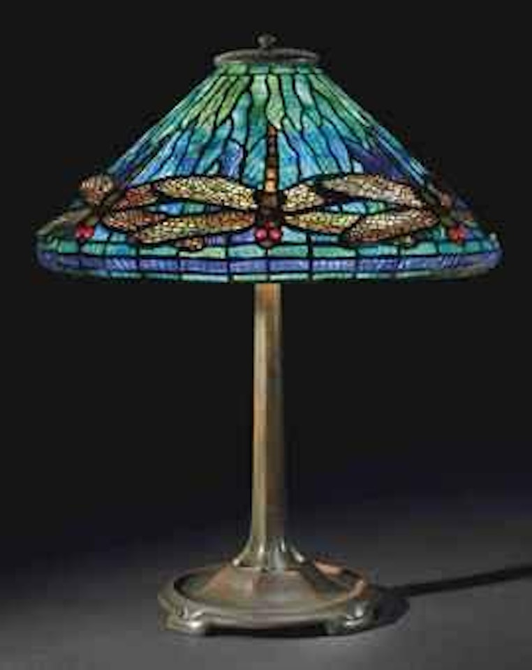 A Dragonfly Leaded Glass and Bronze Table Lamp by Tiffany Studios