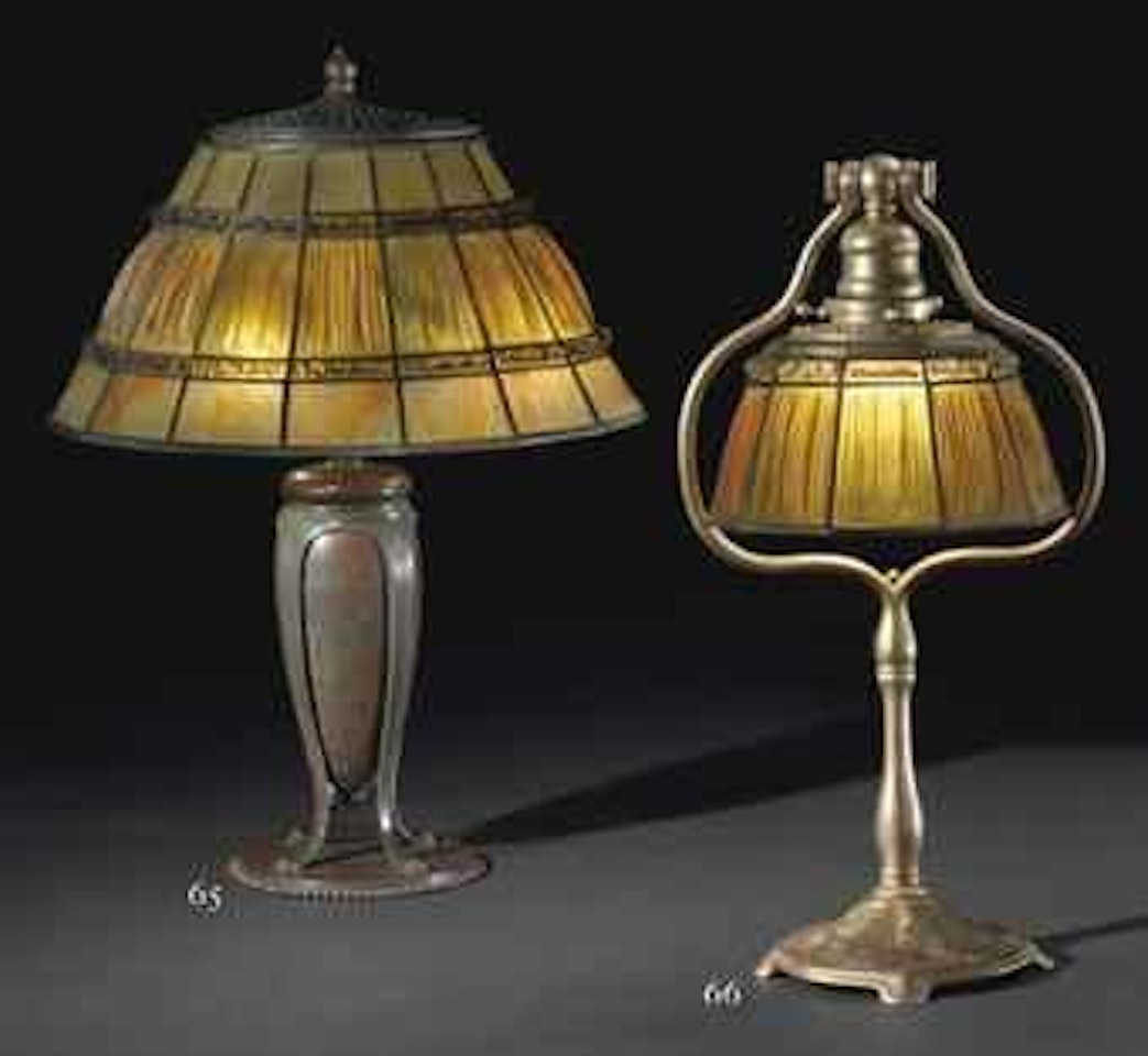 A Linenfold Leaded Glass and Gilt-Bronze Desk Lamp by Tiffany Studios