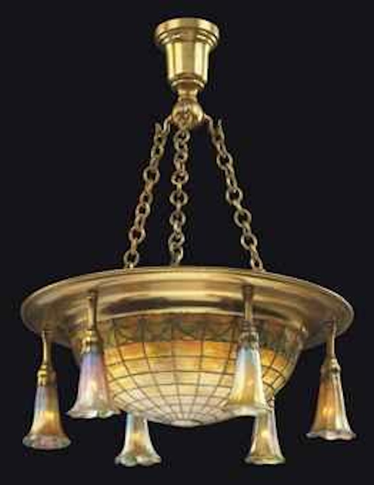 A Leaded Glass and Gilt-Bronze Chandelier by Tiffany Studios