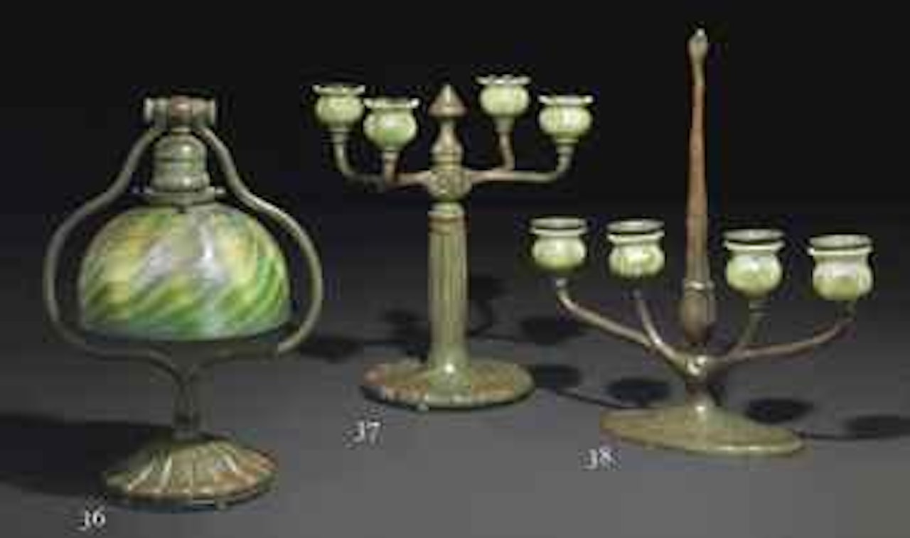 A Favrile Glass and Bronze Four-Light Candelabrum by Tiffany Studios