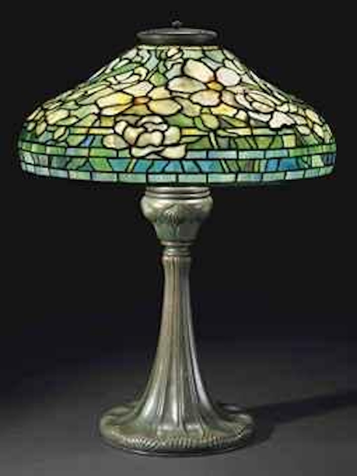 A Peony Leaded Glass and Bronze Table Lamp by Tiffany Studios