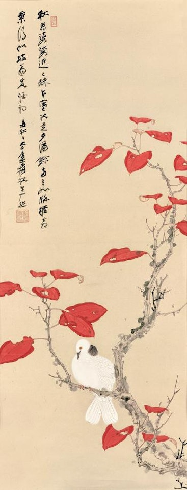 White Dove And Red Leaves by Zhang Daqian
