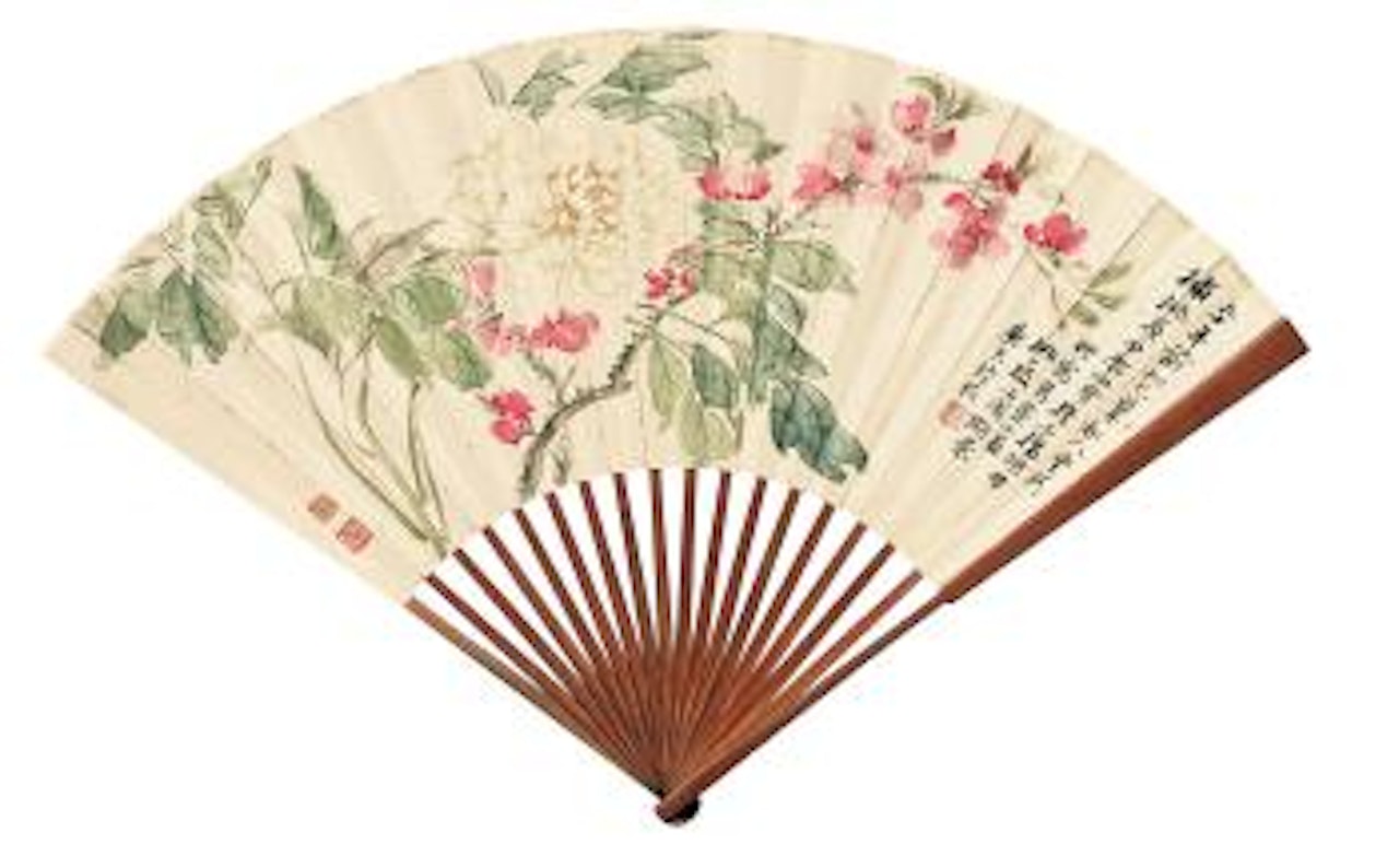Peach Blossom And Peonies; Calligraphy In Shiguwen by Hu Xigui  by Lu Hui by Wu Changshuo