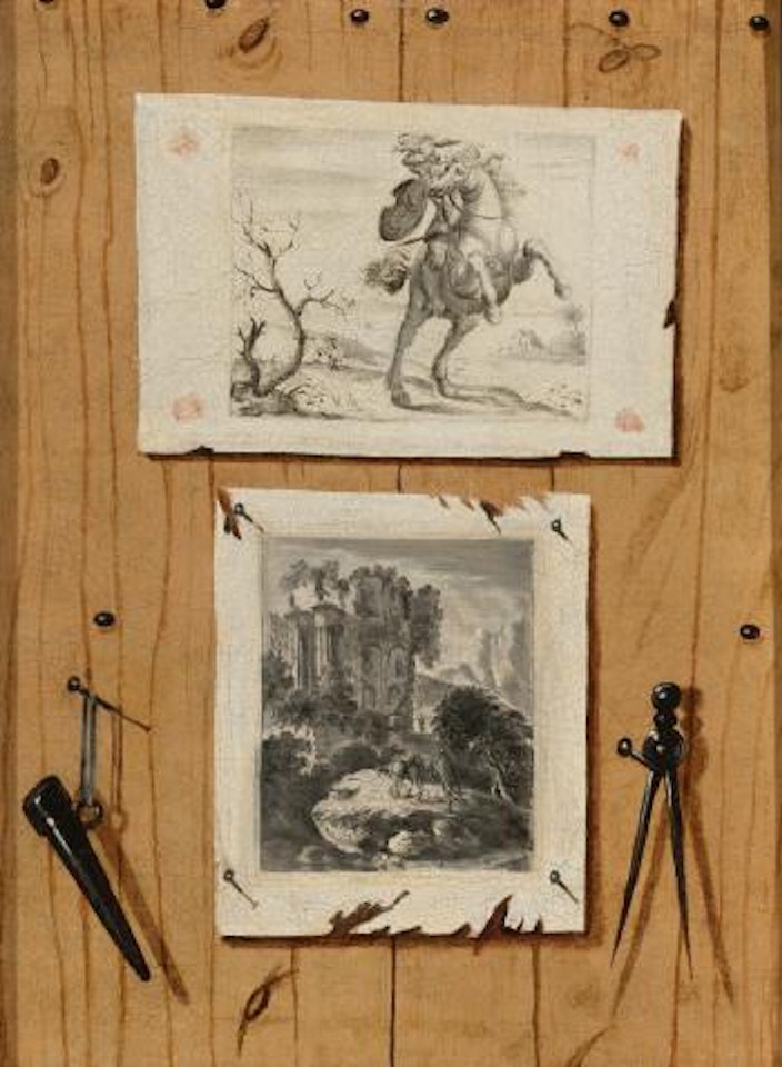 A Pair Of Trompe L'oeil Still Lifes, One With Two Drawings And Draftsman's Instruments, The Other With Two Drawings, Scissors And a Glass Bottle by French School