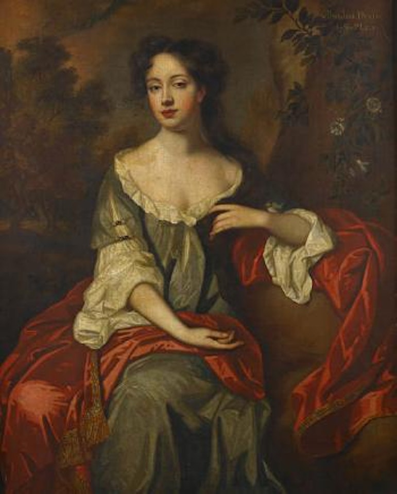 Portrait of Miss Jane Dering, three-quarter-length, in a blue dress and a red shawl, seated before an open landscape by Sir Peter Lely